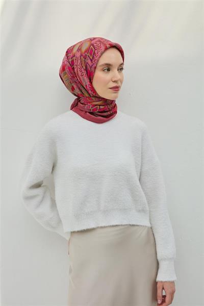 Viskon Velora Eşarp Gül Pembe Çok Renkli Desenli Tok Duruşlu 90x90