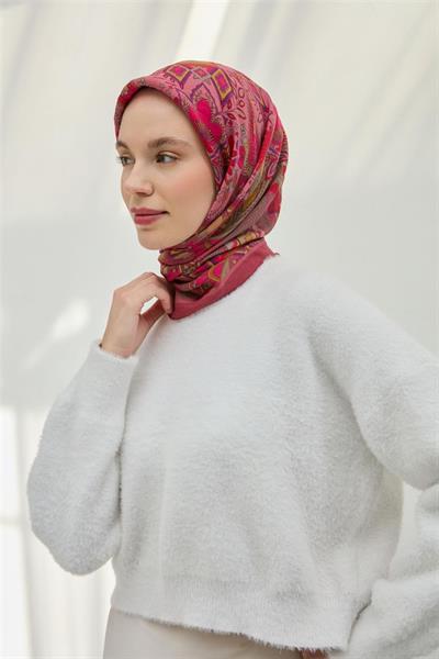 Viskon Velora Eşarp Gül Pembe Çok Renkli Desenli Tok Duruşlu 90x90