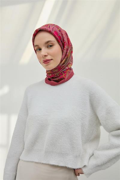 Viskon Velora Eşarp Gül Pembe Çok Renkli Desenli Tok Duruşlu 90x90