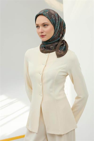 Viskon Velora Eşarp Haki Petrol Mavi Desenli Tok Duruşlu 90x90