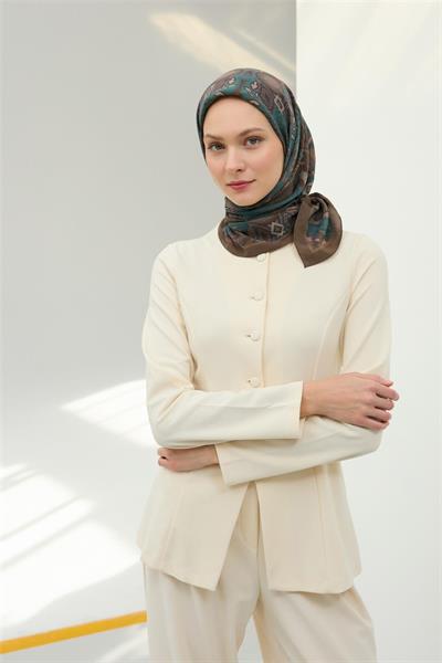 Viskon Velora Eşarp Haki Petrol Mavi Desenli Tok Duruşlu 90x90