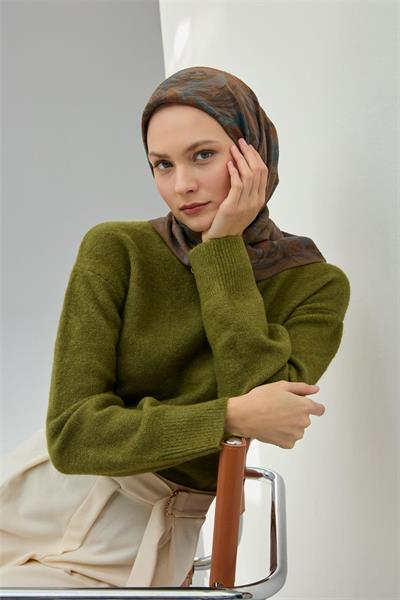 Viskon Velora Eşarp Haki Desenli Tok Duruşlu Dört Mevsim 90x90