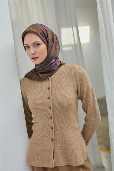 Viskon Velora Eşarp Haki Çok Renkli Desenli Tok Duruşlu 90x90