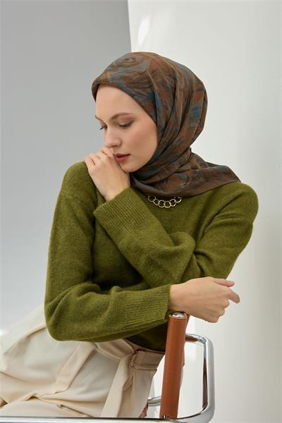 Viskon Velora Eşarp Haki Desenli Tok Duruşlu Dört Mevsim 90x90