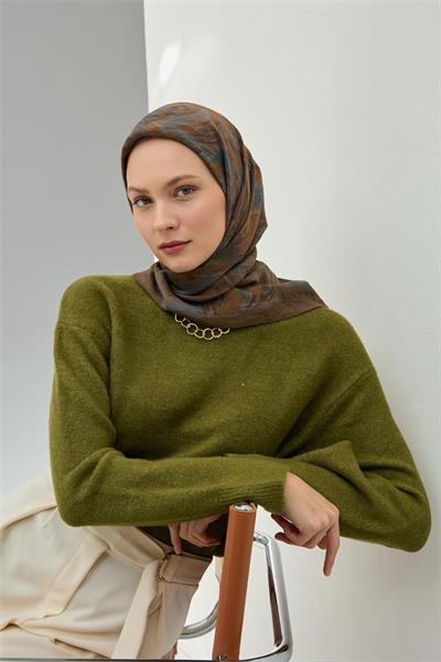 Viskon Velora Eşarp Haki Desenli Tok Duruşlu Dört Mevsim 90x90