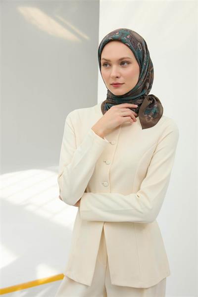 Viskon Velora Eşarp Haki Petrol Mavi Desenli Tok Duruşlu 90x90