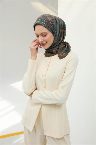 Viskon Velora Eşarp Haki Petrol Mavi Desenli Tok Duruşlu 90x90