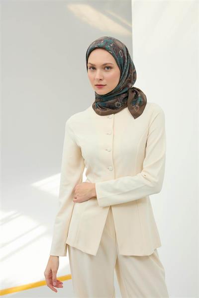 Viskon Velora Eşarp Haki Petrol Mavi Desenli Tok Duruşlu 90x90