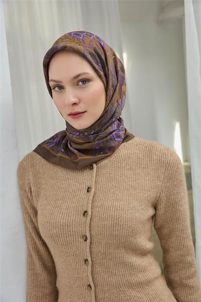 Viskon Velora Eşarp Haki Çok Renkli Desenli Tok Duruşlu 90x90