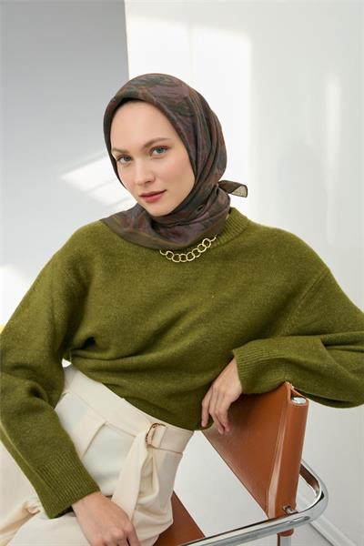 Viskon Velora Eşarp Haki Desenli Tok Duruşlu Dört Mevsim 90x90