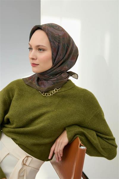 Viskon Velora Eşarp Haki Desenli Tok Duruşlu Dört Mevsim 90x90