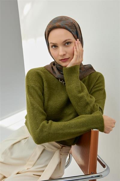 Viskon Velora Eşarp Haki Desenli Tok Duruşlu Dört Mevsim 90x90