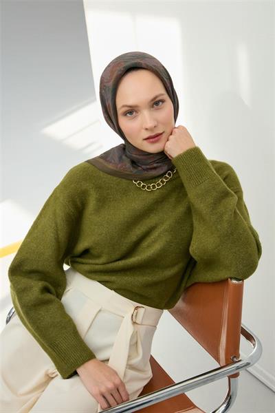 Viskon Velora Eşarp Haki Desenli Tok Duruşlu Dört Mevsim 90x90