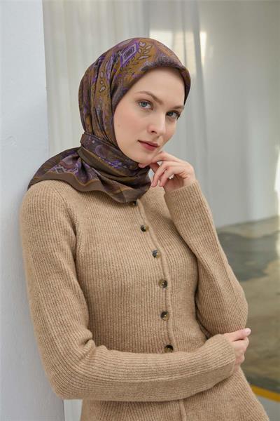 Viskon Velora Eşarp Haki Çok Renkli Desenli Tok Duruşlu 90x90