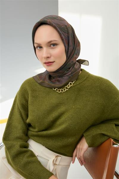 Viskon Velora Eşarp Haki Desenli Tok Duruşlu Dört Mevsim 90x90