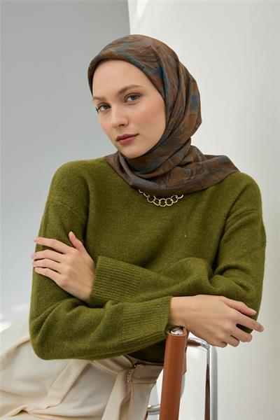 Viskon Velora Eşarp Haki Desenli Tok Duruşlu Dört Mevsim 90x90