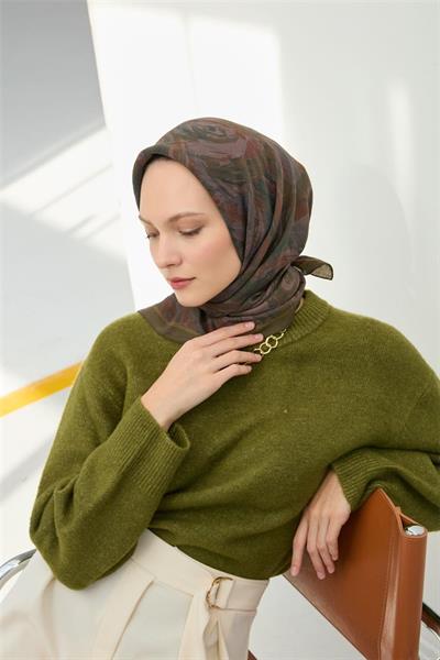 Viskon Velora Eşarp Haki Desenli Tok Duruşlu Dört Mevsim 90x90