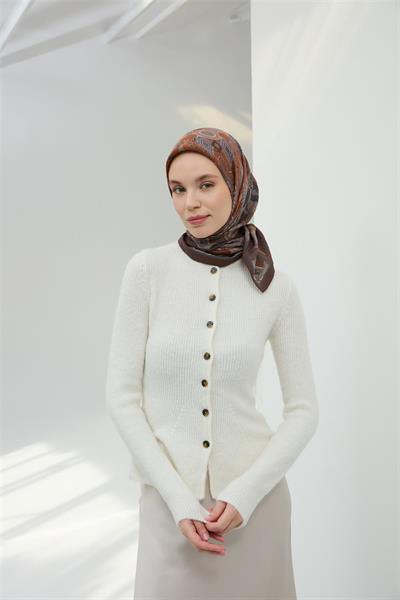 Viskon Velora Eşarp Kahverengi Metalik Gri Desenli Tok Duruşlu 90x90