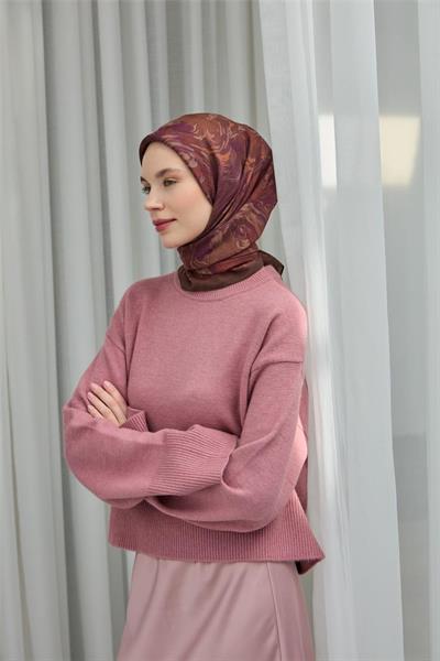 Viskon Velora Eşarp Kahverengi Mürdüm Desenli Yumuşak Dokulu Tok Duruşlu 90x90