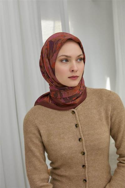 Viskon Velora Eşarp Kahverengi Desenli Tok Duruşlu Dört Mevsim 90x90