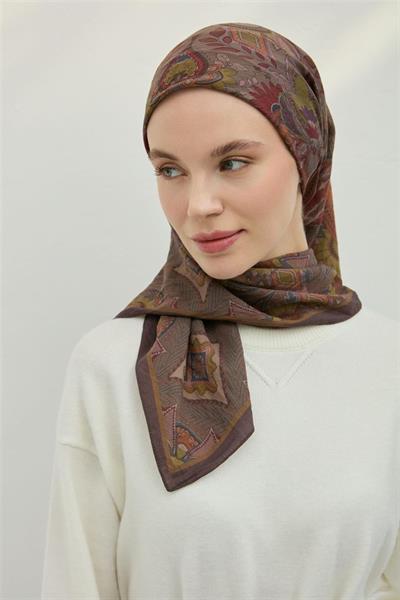 Viskon Velora Eşarp Kahverengi Yeşil Desenli Tok Duruşlu 90x90