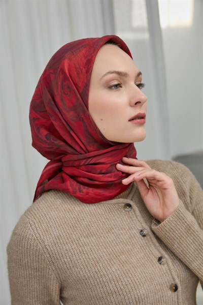 Viskon Velora Eşarp Kırmızı Bordo Desenli Yumuşak Dokulu 90X90