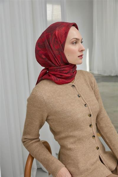 Viskon Velora Eşarp Kırmızı Bordo Desenli Yumuşak Dokulu 90x90