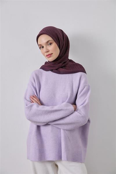 Viskon Velora Eşarp Koyu Mor Kızıl Kahve Çizgili Hafif Dökümlü 90x90