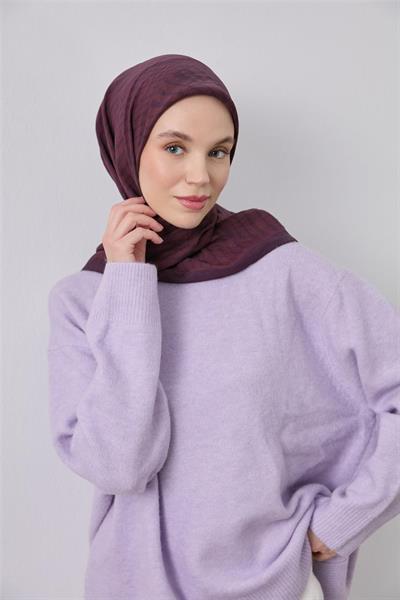 Viskon Velora Eşarp Koyu Mor Kızıl Kahve Çizgili Hafif Dökümlü 90x90