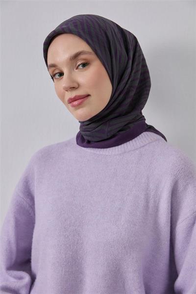 Viskon Velora Eşarp Koyu Mor Yeşil Gri Çizgili Hafif Dökümlü 90x90