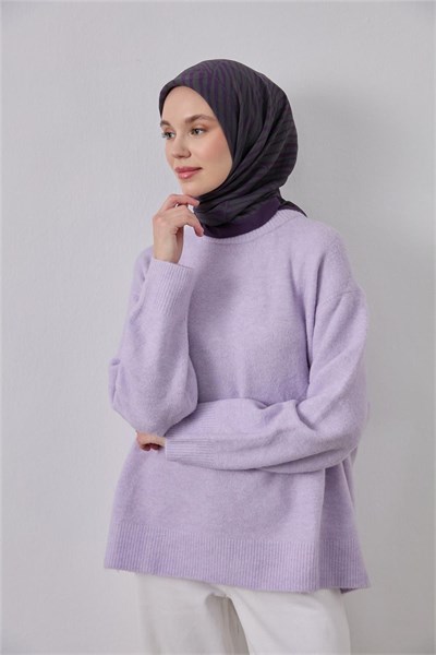Viskon Velora Eşarp Koyu Mor Yeşil Gri Çizgili Hafif Dökümlü 90X90