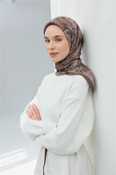 Viskon Velora Eşarp Koyu Vizon Taş Desenli Yumuşak Dokulu Tok Duruşlu 90x90