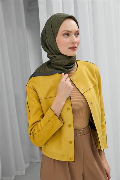 Viskon Velora Eşarp Koyu Yeşil Yağ Yeşili Çizgili Hafif Dökümlü 90x90