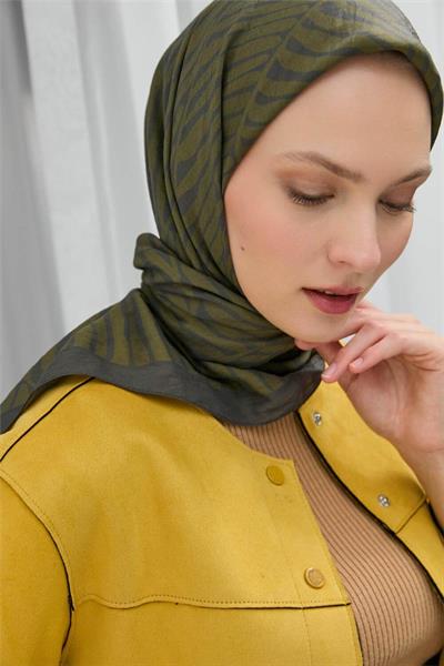 Viskon Velora Eşarp Koyu Yeşil Yağ Yeşili Çizgili Hafif Dökümlü 90x90