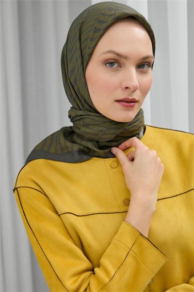 Viskon Velora Eşarp Koyu Yeşil Yağ Yeşili Çizgili Hafif Dökümlü 90x90