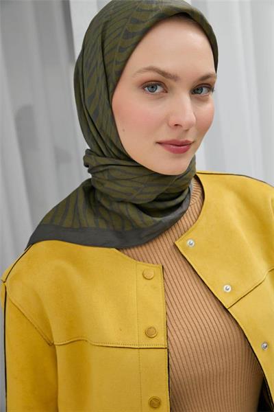 Viskon Velora Eşarp Koyu Yeşil Yağ Yeşili Çizgili Hafif Dökümlü 90x90