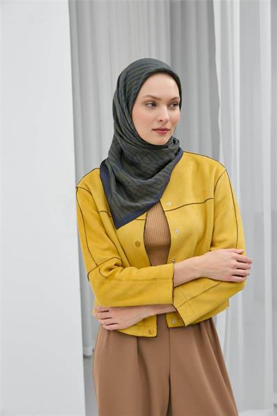 Viskon Velora Eşarp Lacivert Haki Çizgili Mat Dokulu Hafif Dökümlü 90x90