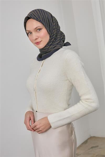 Viskon Velora Eşarp Lacivert Haki Çizgili Hafif Dökümlü 90x90