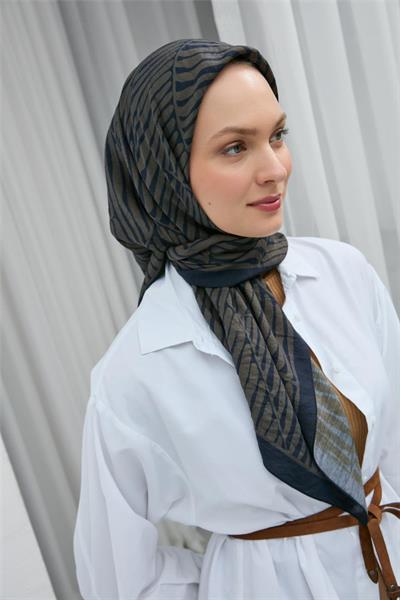 Viskon Velora Eşarp Lacivert Haki Çizgili Hafif Mat Dokulu 90x90