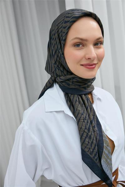 Viskon Velora Eşarp Lacivert Haki Çizgili Hafif Mat Dokulu 90x90