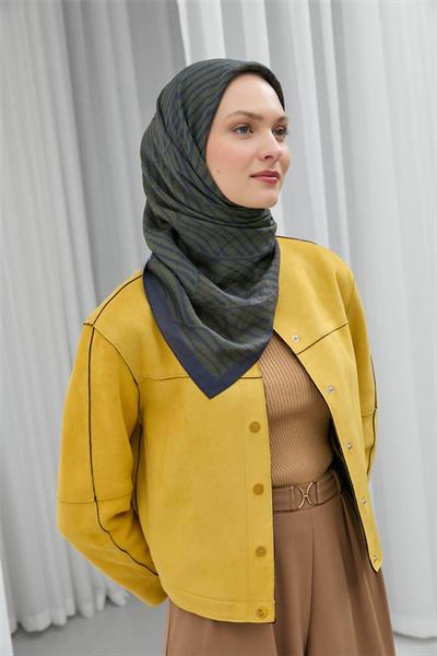 Viskon Velora Eşarp Lacivert Haki Çizgili Mat Dokulu Hafif Dökümlü 90x90