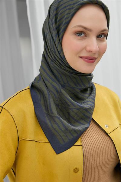 Viskon Velora Eşarp Lacivert Haki Çizgili Mat Dokulu Hafif Dökümlü 90x90