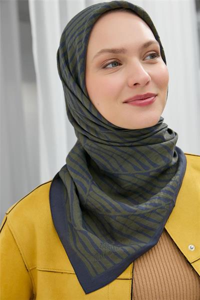 Viskon Velora Eşarp Lacivert Haki Çizgili Mat Dokulu Hafif Dökümlü 90x90