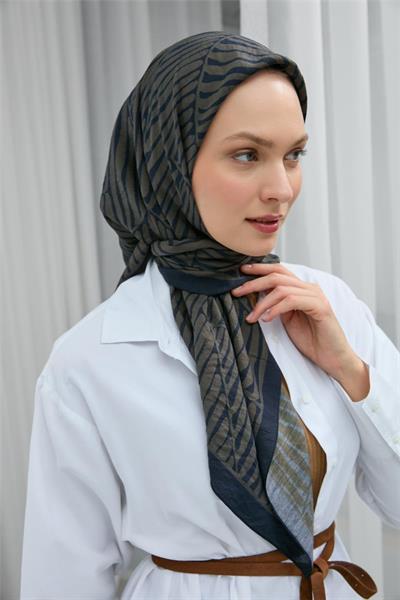 Viskon Velora Eşarp Lacivert Haki Çizgili Hafif Mat Dokulu 90x90