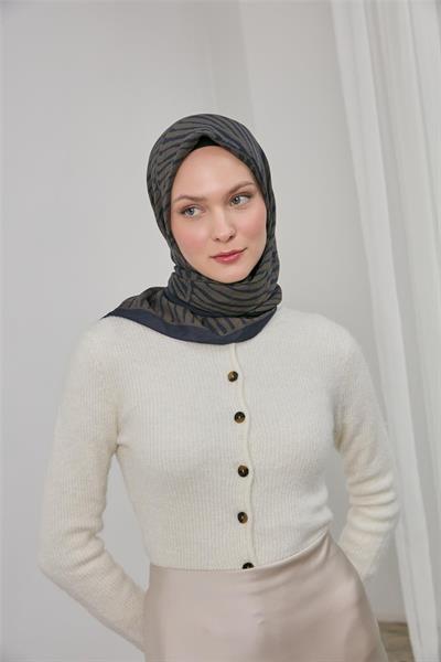 Viskon Velora Eşarp Lacivert Haki Çizgili Hafif Dökümlü 90x90