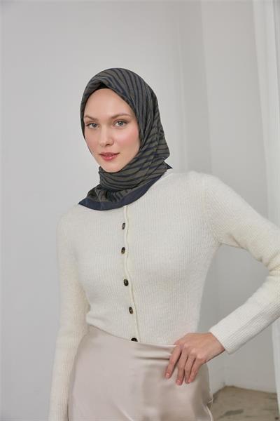 Viskon Velora Eşarp Lacivert Haki Çizgili Hafif Dökümlü 90x90