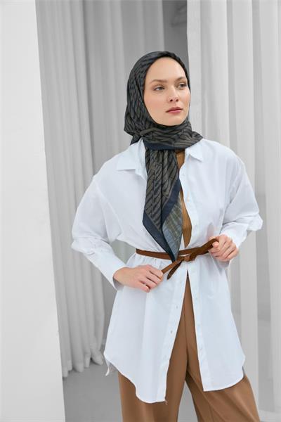 Viskon Velora Eşarp Lacivert Haki Çizgili Hafif Mat Dokulu 90x90