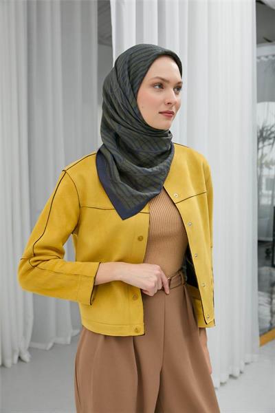 Viskon Velora Eşarp Lacivert Haki Çizgili Mat Dokulu Hafif Dökümlü 90x90