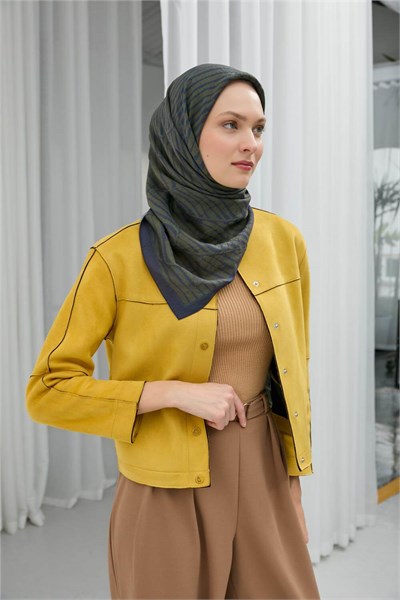 Viskon Velora Eşarp Lacivert Haki Çizgili Mat Dokulu Hafif Dökümlü 90X90