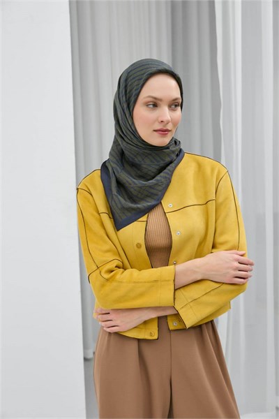 Viskon Velora Eşarp Lacivert Haki Çizgili Mat Dokulu Hafif Dökümlü 90X90